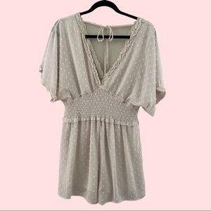 She + Sky | Alabaster-White Polka Dot Short Sleeve V-Neck Romper Size Medium